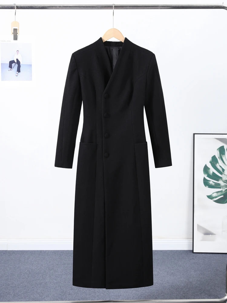 Women's Long Coat Slim V Neck Single Breasted Overcoats Shoulder Pad Maxi Jackets with Belt 2025 New Winter Lady Commute Outwear