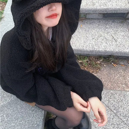 Sanrio Anime Kuromi Clothes Women Black Embroidery Hoodies Y2k Tops Autumn Winter Thin Coat Female Fashion Loose Sweatshirt