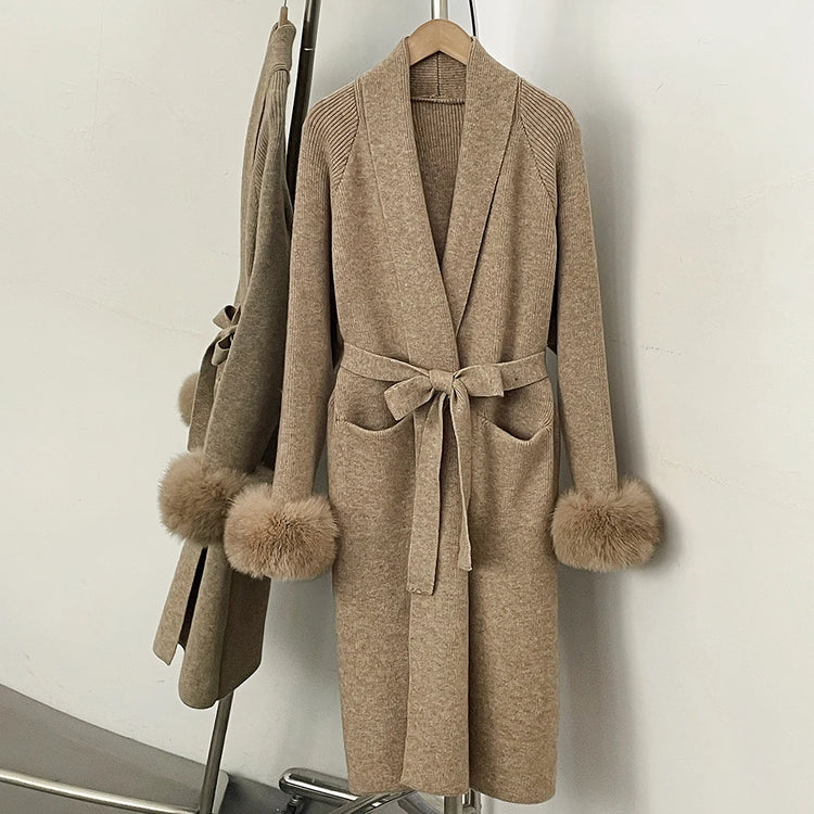 OFTBUY New Winter Long Belted Clothes Outerwear Women Knit Cardigan Real Fox Fur Cuffs Shawl Collar Wrap Knitted Coat Female