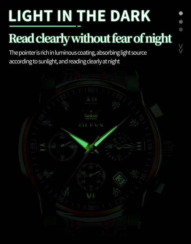 OLEVS 2858 Orologio da Uomo in Acciaio Inossidabile, Impermeabile, Antigraffio, con Fasi Lunari, Luminoso, Cronografo, Orologio da Polso al Quarzo di Lusso platinumshop