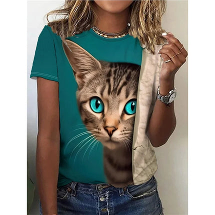 Funny Cat Model T-Shirt for Women Cute Animal 3D Printed Short Sleeve Summer Oversized T-shirt O-Neck Top Tees Streetwear