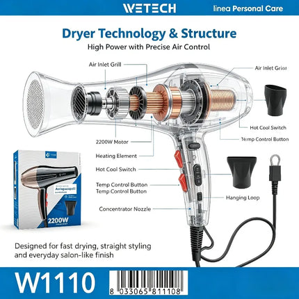 2200W Professional Hair Dryer AC100-240V Adjustable Temperature Speed Cold Shot Blow Dryer With Concentrator Nozzle Salon Home Travel Hair Styling Tool