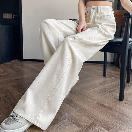 Jeans bianchi traspiranti a gamba larga da donna Pantaloni strappati per pantaloni estivi a vita alta con diamanti