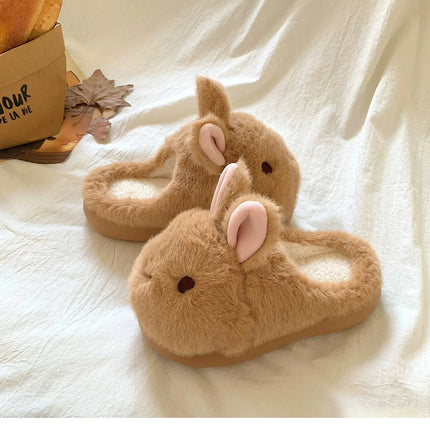 New Cute 3D Rabbit Furry Slippers Women Winter Warm Plush Closed Back House Shoes Non Slip Bunny Indoor Flip Flops Home Slipper