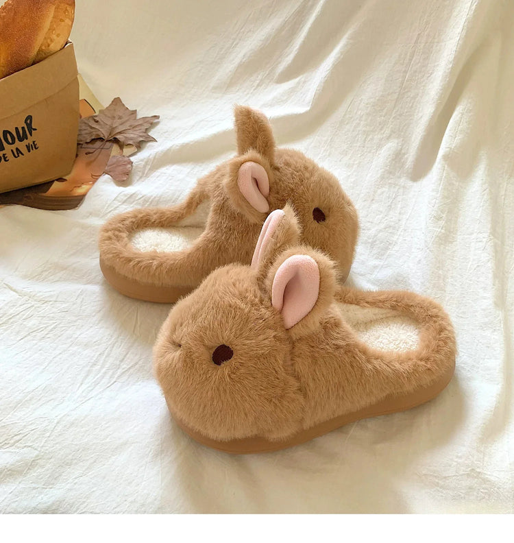 New Cute 3D Rabbit Furry Slippers Women Winter Warm Plush Closed Back House Shoes Non Slip Bunny Indoor Flip Flops Home Slipper