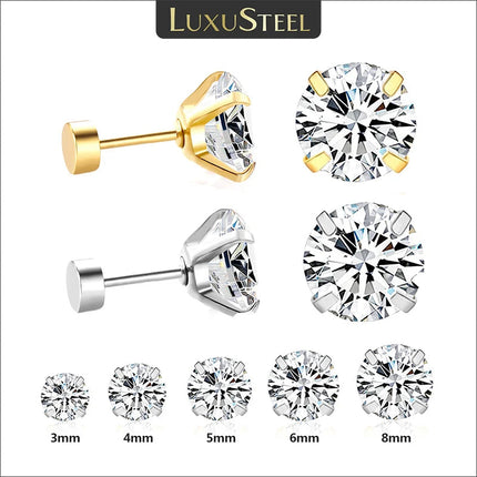 LUXUSTEEL 1Pairs/2Pcs Stainless Steel Crystal Studs Earrings For Women Men 4 Prong Tragus Round Clear Cubic Zirconia Ear Jewelry PlatiNum