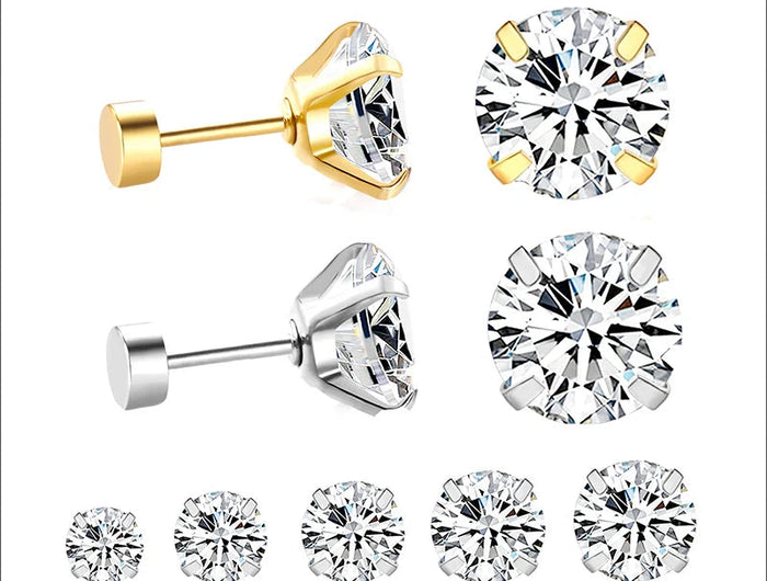 LUXUSTEEL 1Pairs/2Pcs Stainless Steel Crystal Studs Earrings For Women Men 4 Prong Tragus Round Clear Cubic Zirconia Ear Jewelry PlatiNum