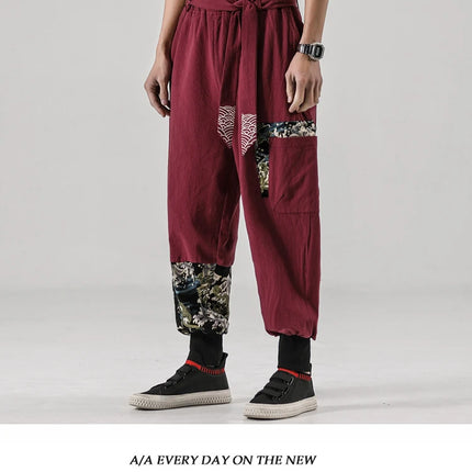 Pantaloni da uomo Costume da samurai giapponese Ukiyo-e Cintura con stampa Pantaloni stile harem da uomo in cotone e lino Pantaloni casual Harajuku da uomo Taglie forti 5XL