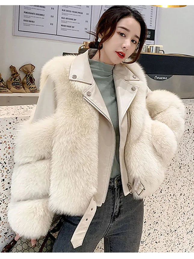 ZADORIN Top Fashion Luxury FAUX Fox Fur Coat Motorcycle PU Leather Turn Down Collar Warm Faux Fur Jacket Women Autumn Winter New