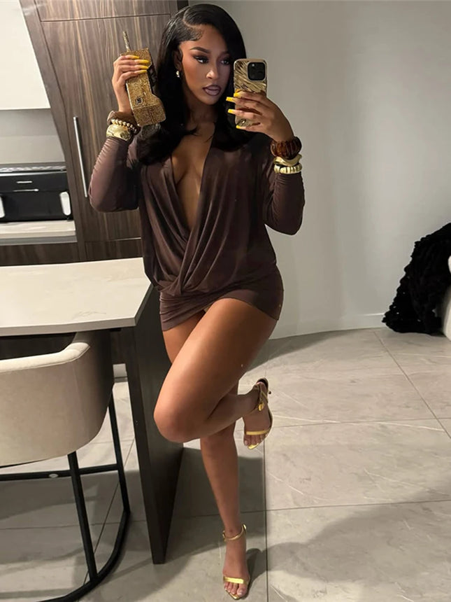 Sisterlinda Women's Deep V Neck Elegant Mini Dress Long Sleeve Skinny Hip Peach Midnight Club Party Fashion Sexy Bodycon Solid