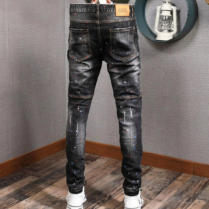Fashion Streetwear Men Jeans Retro Black Blue Elastic Slim Fit Ripped Jeans Men Spliced Designer Embroidery Hip Hop Denim Pants PlatiNum