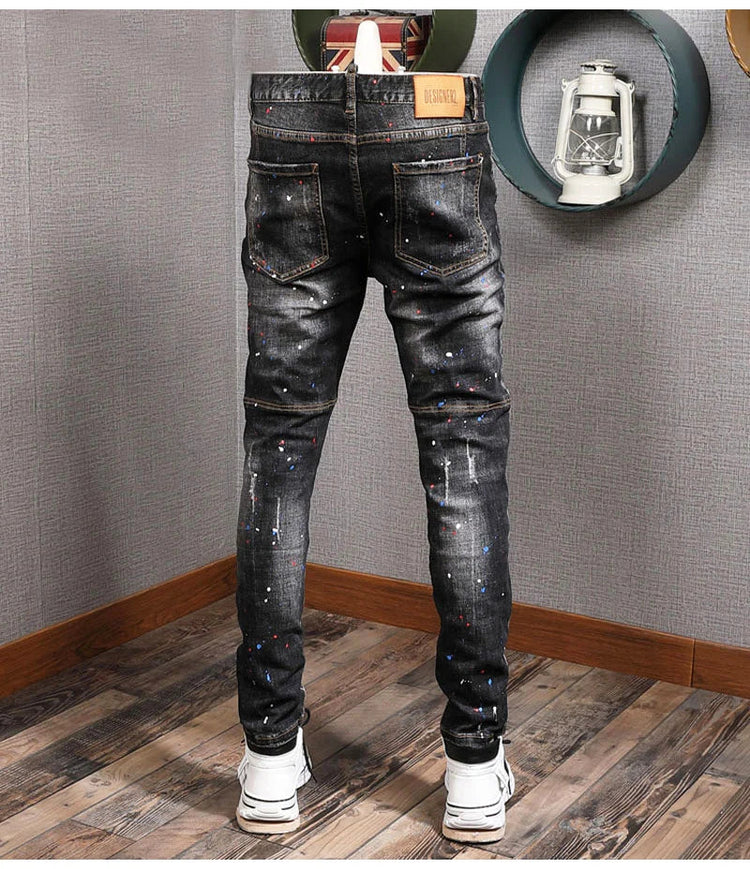 Fashion Streetwear Men Jeans Retro Black Blue Elastic Slim Fit Ripped Jeans Men Spliced Designer Embroidery Hip Hop Denim Pants PlatiNum