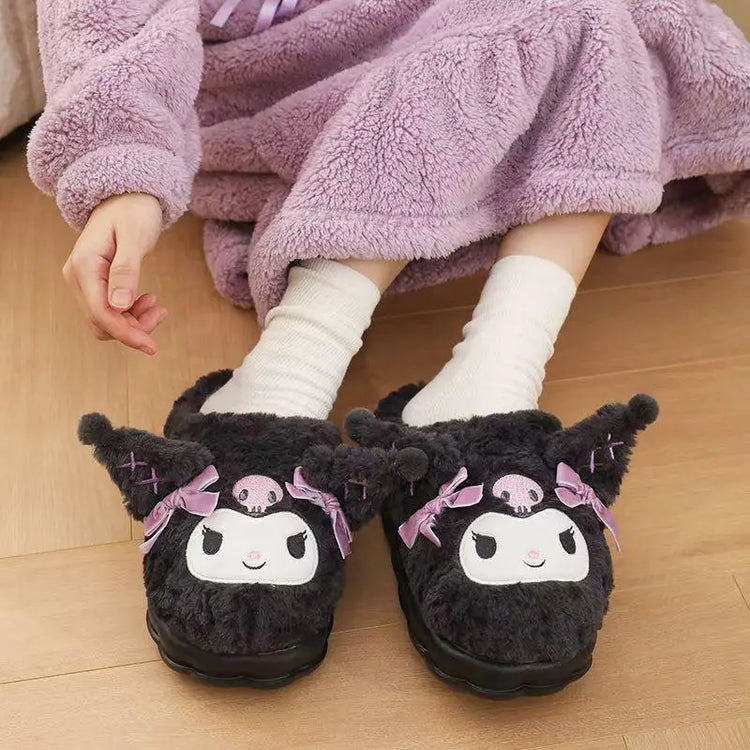 Sanrio Kuromi Kawaii Plush Slippers Women Thick Platform Height Increasing Non-Slip Warm Winter Indoor House Shoes