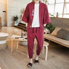 Two-piece set (shirt + pants) men's cotton linen shirt with Japanese style embroidery men's casual wide-leg pants retro Tai Chi Kungfu pants