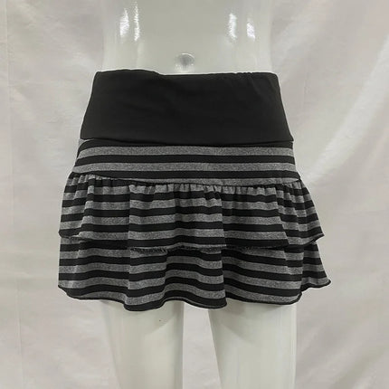 2026 Sommer Neue Damenmode Y2K Grunge Schwarz Grau Gestreifter Rüschen-Minirock Hohe Taille Elastischer Bund Schmaler A-Linien-Rock
