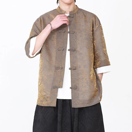 Camicia da Uomo di Lusso con Sfumature Colorate, Jacquard a Maniche Corte, Stile Cinese Tradizionale, Fresca per l'Estate, in Seta Ghiaccio