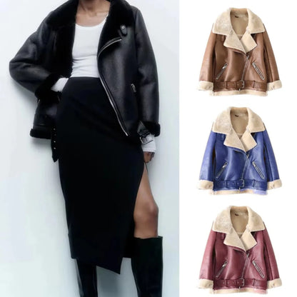 2024 winter women's clothing fashion locomotive version lapel fur integrated thickened thermal coat leather jacket