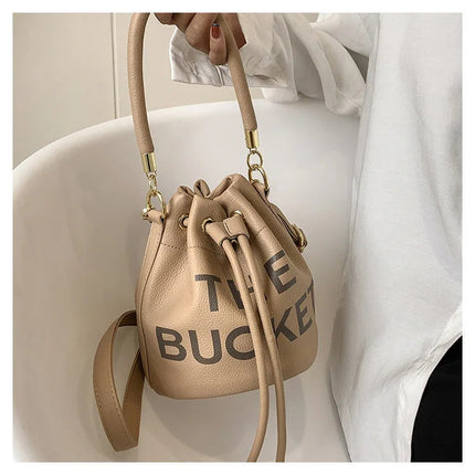 Spring New Fashion Letter PU Leather Bucket Bag Women Simple City Style Shoulder Handbag Trendy Crossbody Satchel Handbag PlatiNum