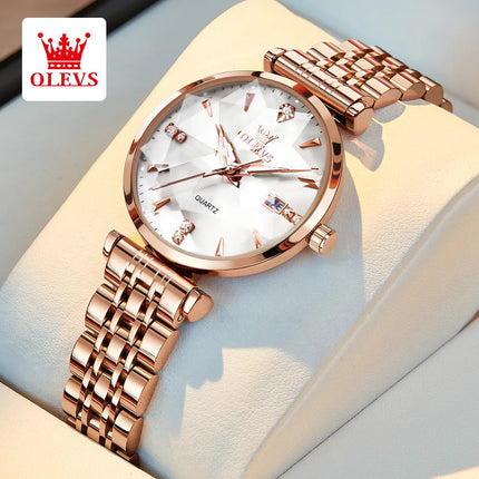 OLEVS 5536 Orologio da donna al quarzo con diamanti di marca di lusso Moda elegante orologio da donna impermeabile in oro rosa con bracciale Set Reloj Mujer platinumshop