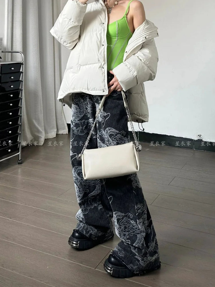 Donne Nero Gotico Drago Stampa Jeans Baggy Vintage Estetica Pantaloni Da Cowboy Harajuku Pantaloni In Denim Y2k Trashy 2000s Vestiti 2024