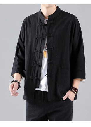 Camicie in Stile Cinese per Uomo, Top Tradizionale Tang in Lino a Mezza Manica, Camicia Kung Fu Hanfu Vintage Casual, Taglie Grandi fino a 5XL