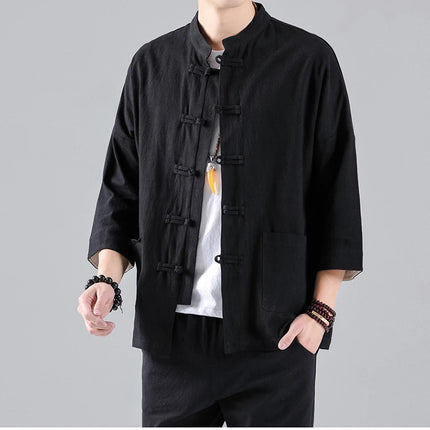 Camicie in Stile Cinese per Uomo, Top Tradizionale Tang in Lino a Mezza Manica, Camicia Kung Fu Hanfu Vintage Casual, Taglie Grandi fino a 5XL