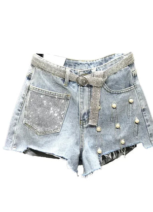Pantaloncini di jeans bianchi blu irregolari strappati con nappe con strass a vita alta da donna estivi Pantaloncini di jeans coreani da donna