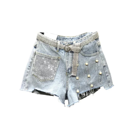 Women's Summer High Waist Rhinestone Tassel Ripped Irregular Blue White Denim Shorts Korean Denim Shorts for Women