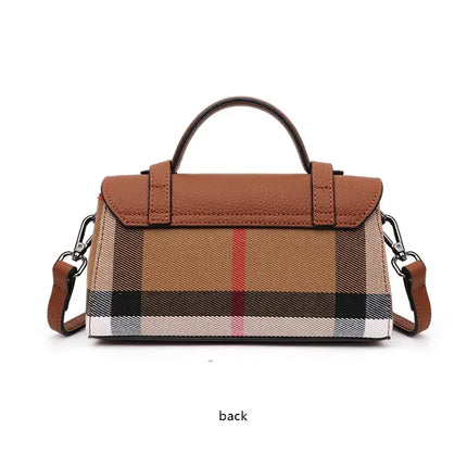 Borsa Mini Boston a Righe e Quadri in Tessuto con Finiture in Ecopelle, Chiusura a Giro e Torsione, Design con Patta, Borsa a Mano da Donna, a Tracolla, Portamonete