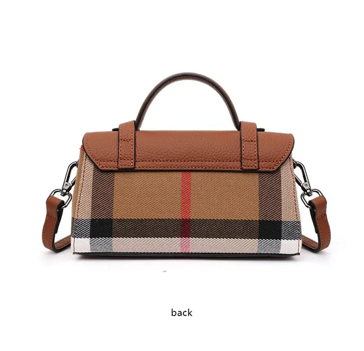 Borsa Mini Boston a Righe e Quadri in Tessuto con Finiture in Ecopelle, Chiusura a Giro e Torsione, Design con Patta, Borsa a Mano da Donna, a Tracolla, Portamonete