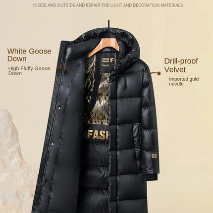 -30 ℃ Cold-proof Long Down Jacket Men's Light Luxury Black Gold Lightweight 95% Goose Down Jacket Unisex Winter Warm Hooded Coat PlatiNum