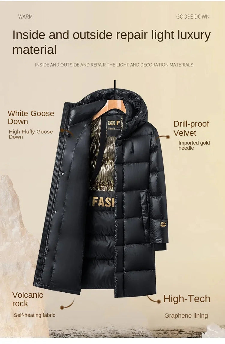 -30 ℃ Cold-proof Long Down Jacket Men's Light Luxury Black Gold Lightweight 95% Goose Down Jacket Unisex Winter Warm Hooded Coat PlatiNum