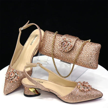 Venus Chan Royal Blue Sandals for Women 2024 Luxury Wedding Pumps Med Heels strass Design Party Shoes and Bags Set
