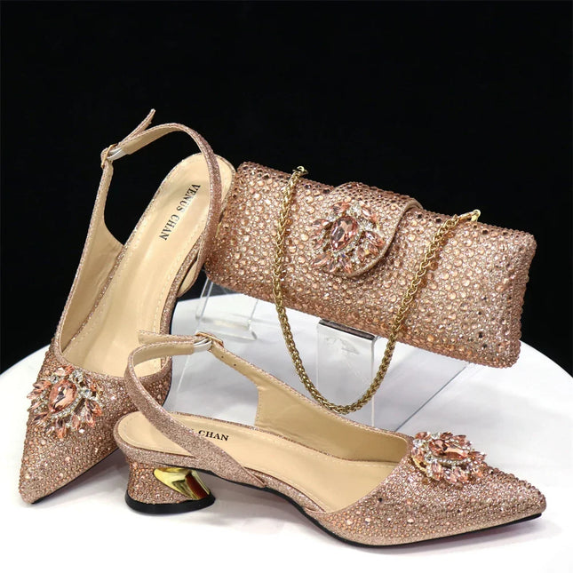 Venus Chan Royal Blue Sandals for Women 2024 Luxury Wedding Pumps Med Heels Rhinestone Design Party Shoes and Bags Set