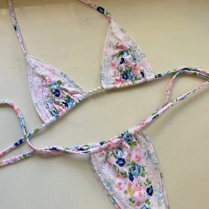 Nuovo Sexy Bikini Brasiliano con Inserti in Pizzo, Costume da Bagno Femminile con Stampa e Allacciatura al Collo, Biquini platinumshop