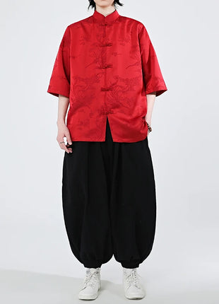 Camicie cinesi Camicia retrò in seta di ghiaccio con motivo floreale scuro Tradizionale Kung Fu Tai Chi Casual Loose Fit Top da uomo traspirante estivo