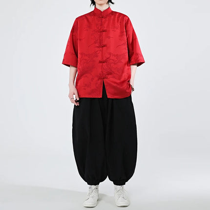Camicie cinesi Camicia retrò in seta di ghiaccio con motivo floreale scuro Tradizionale Kung Fu Tai Chi Casual Loose Fit Top da uomo traspirante estivo