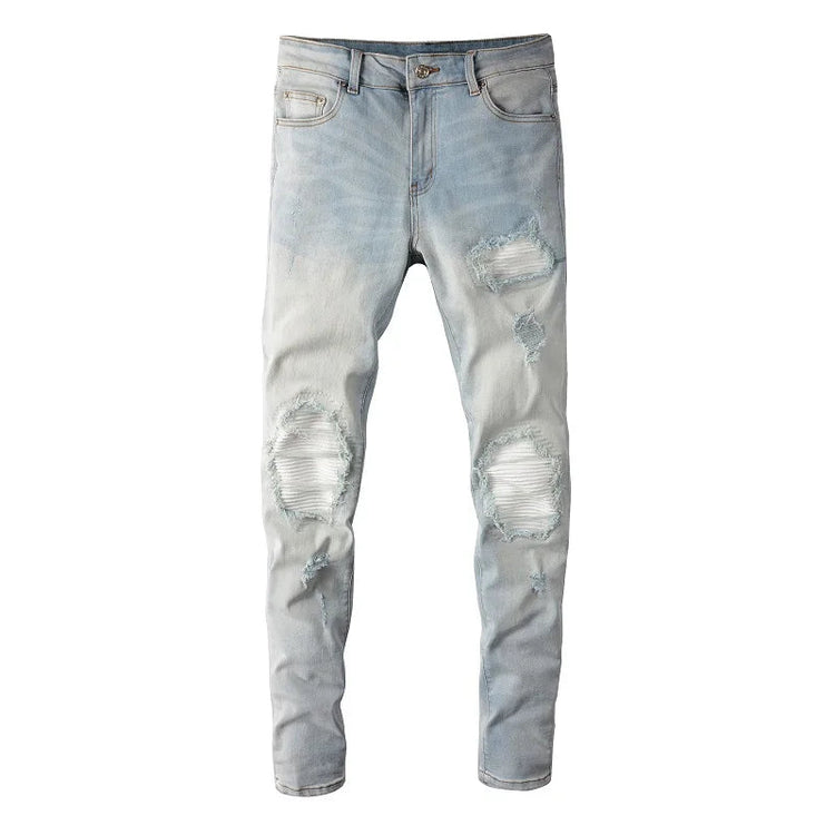 Men Pale Light Blue Biker Jeans Cracked Pleated Patch Patchwork Stretch Denim Pants Streetwear Holes Ripped Skinny Trousers PlatiNum