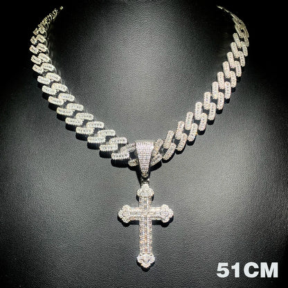 Collana con croce ghiacciata per uomo donna ciondolo con zirconi color argento bling con catena a maglie cubane da 15 mm gioielli hip-hop