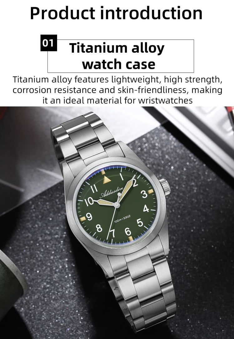 ADDIESDIVE 36mm Men's Luxury Watch VH31 Titanium Alloy  Watch Super Luminous 100m Waterproof Men's Luminous Quartz Watches