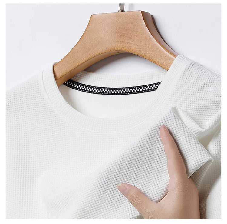 New Summer Waffle Round Neck Short Sleeved T-shirt for Men's Short Sleeved Top PlatiNum