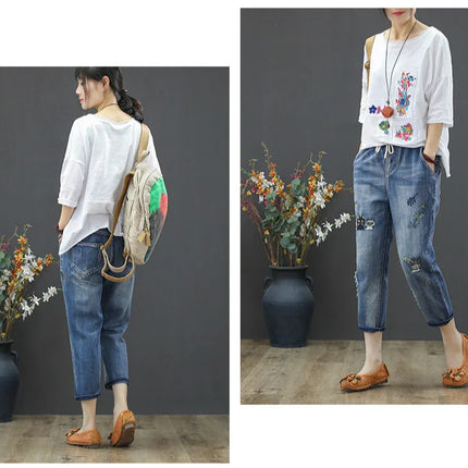 Amax luluE 2025 Moda Estate Streetwear Pantaloni in denim Donna Vintage Jeans elastici Donna Casual Allentato Ricamo Pantaloni Harem