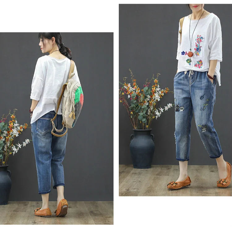 Amax luluE 2025 Moda Estate Streetwear Pantaloni in denim Donna Vintage Jeans elastici Donna Casual Allentato Ricamo Pantaloni Harem