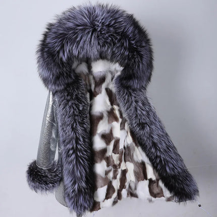 Winter Long Jacket Real Fur Coat Women Clothes Large Silver Fox Fur Collar Detachable Natural Fox Lining Parkas Leather Fur