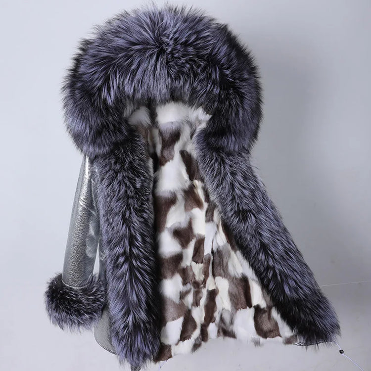 Winter Long Jacket Real Fur Coat Women Clothes Large Silver Fox Fur Collar Detachable Natural Fox Lining Parkas Leather Fur