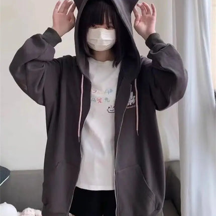 Zipper Hoodie Gothic Cartoon Kawaii Cat Ear Y2k Jacket Zip Up Thin Coat Spring Autumn Cute Core 2000s Clothes Fall Sweatshirts