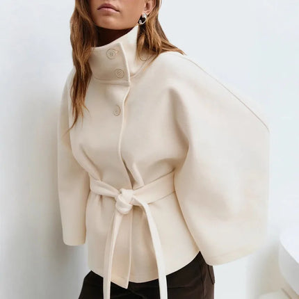 Women Lace Up High Neck Jackets For Women With Belt Elegant Windbreaker Faux Wool Blends Cape Street  Solid Windbreaker Cloak
