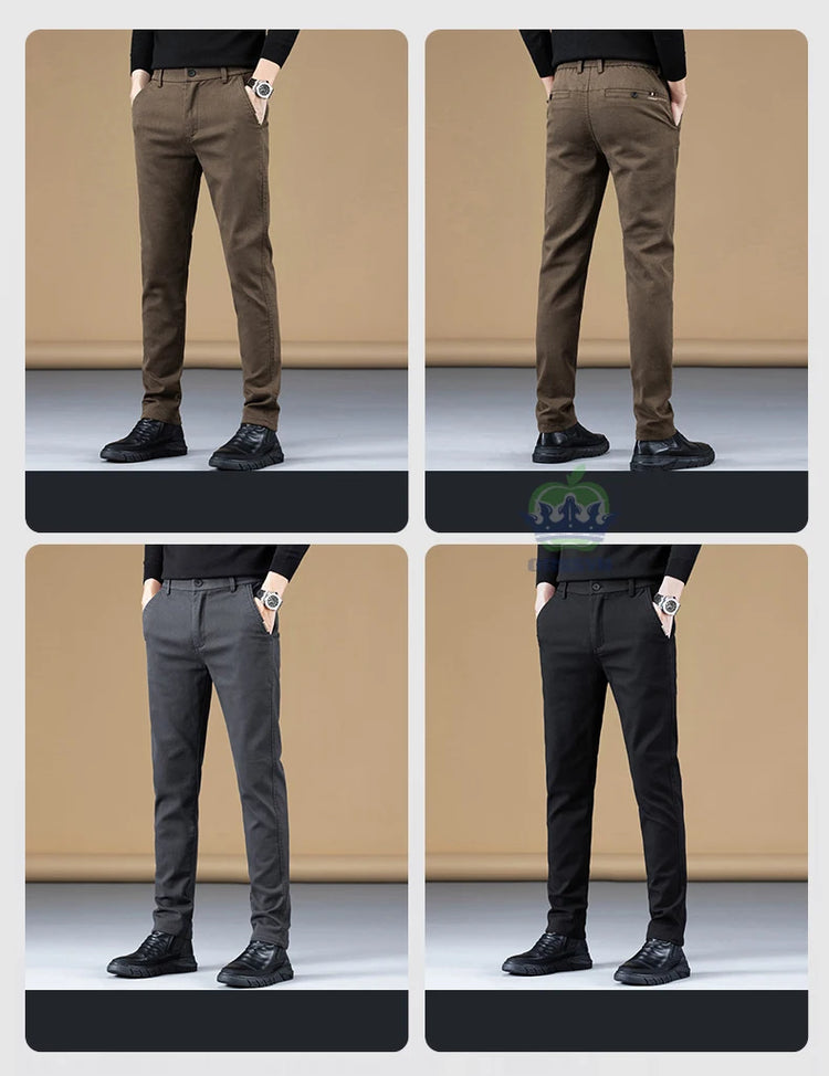 Autumn Winter Cotton Fabric Stretch Casual Pants Men Slim Fit Grey Black Korea Work Classic Brown Cargo Trousers Male 28-38