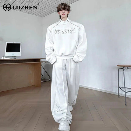 LUZHEN Fashion Street Two-piece Sets Men's Zipper Shoulder Design Long Sleeve Sweatshirt 2025 Autumn Loose Wide Leg Pants JY3912 PlatiNum