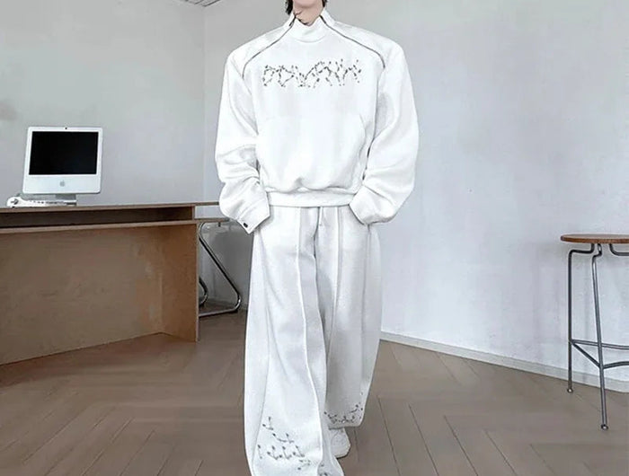 LUZHEN Fashion Street Two-piece Sets Men's Zipper Shoulder Design Long Sleeve Sweatshirt 2025 Autumn Loose Wide Leg Pants JY3912 PlatiNum